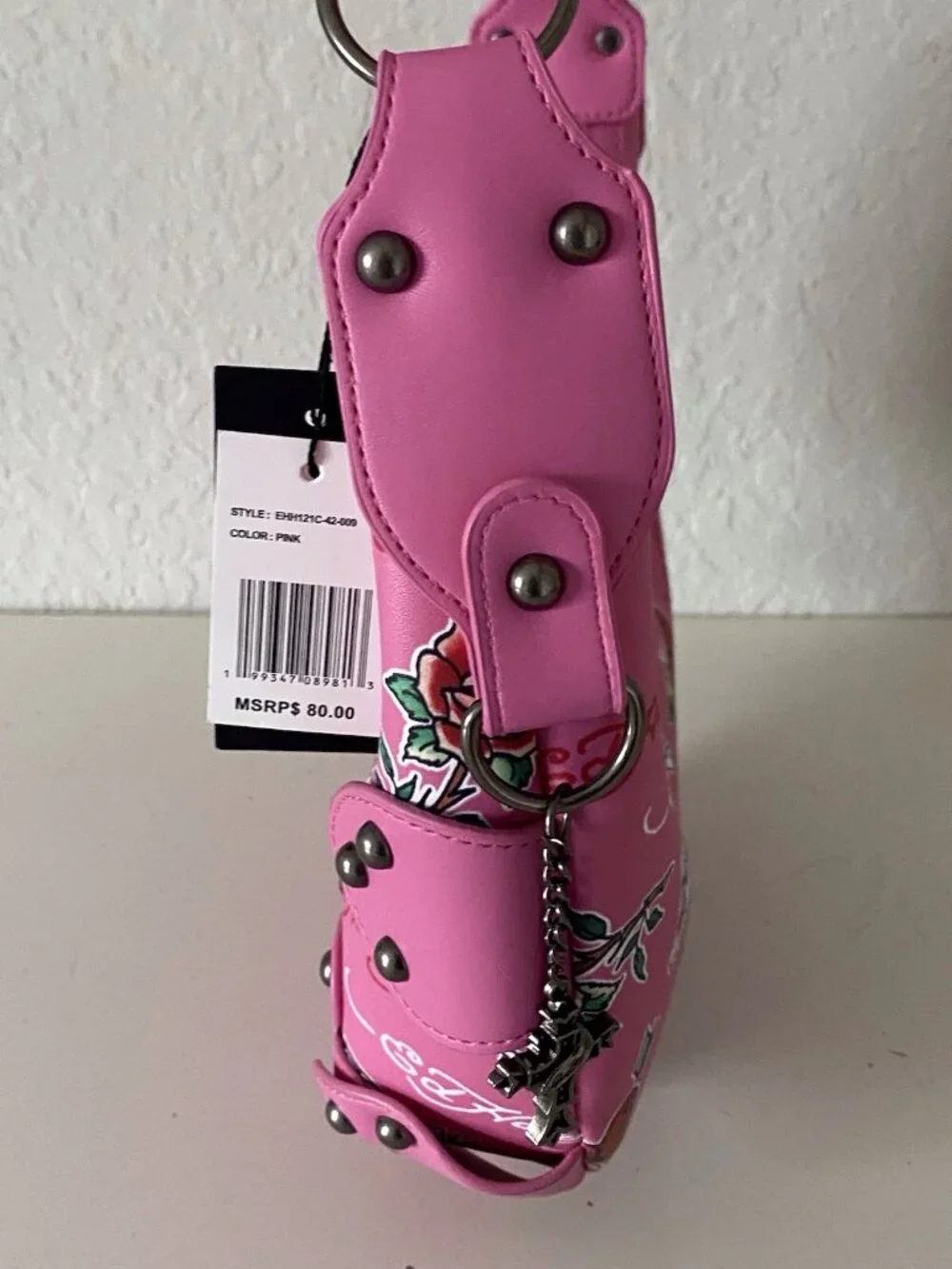 Ed Hardy Pink Hobo‎ Shoulder Bag Studded Heart Rose Skull Cross Charms NEW